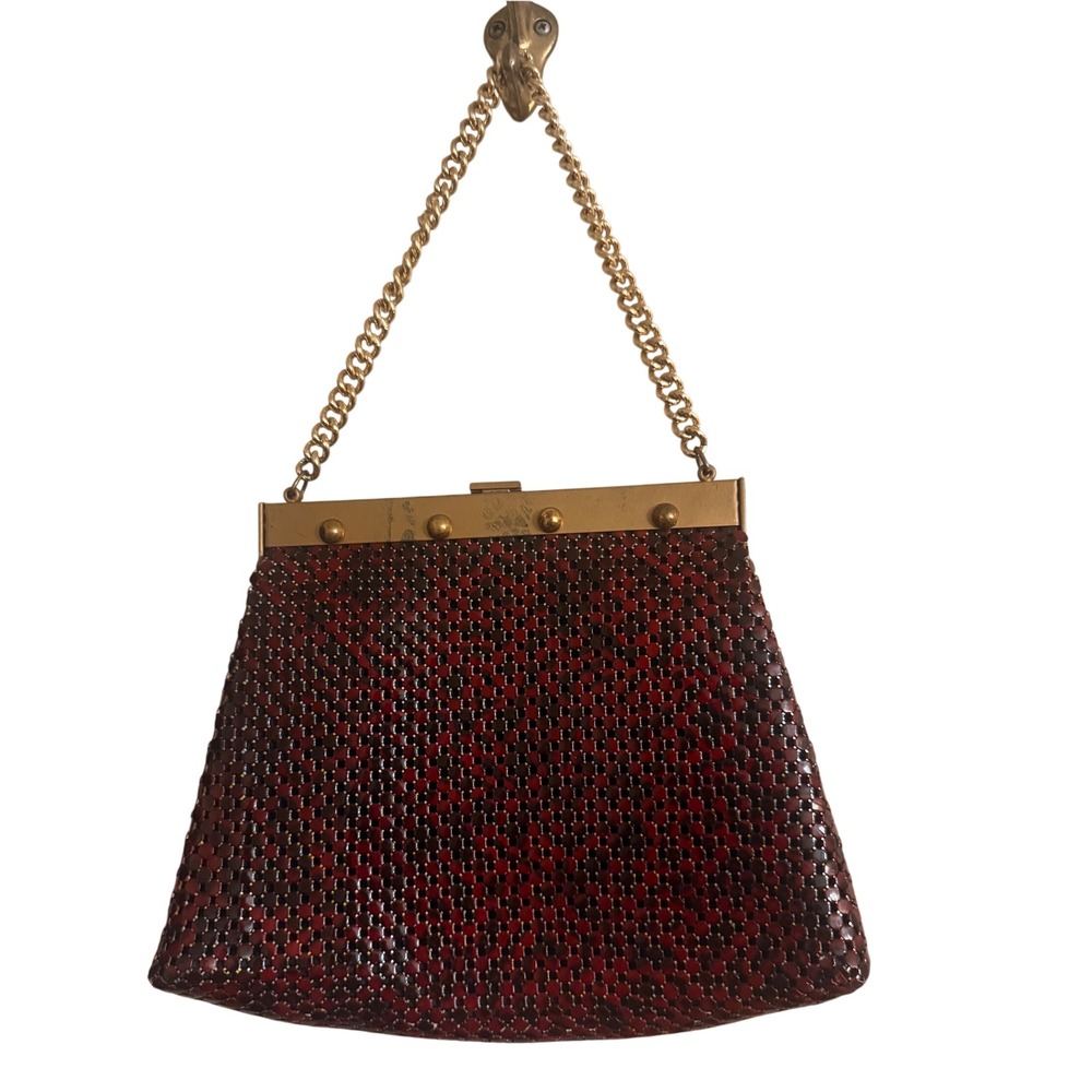 Vintage Whiting and Davis Mesh Handbag Oxblood Red Ombre Gold Frame Evening Bag